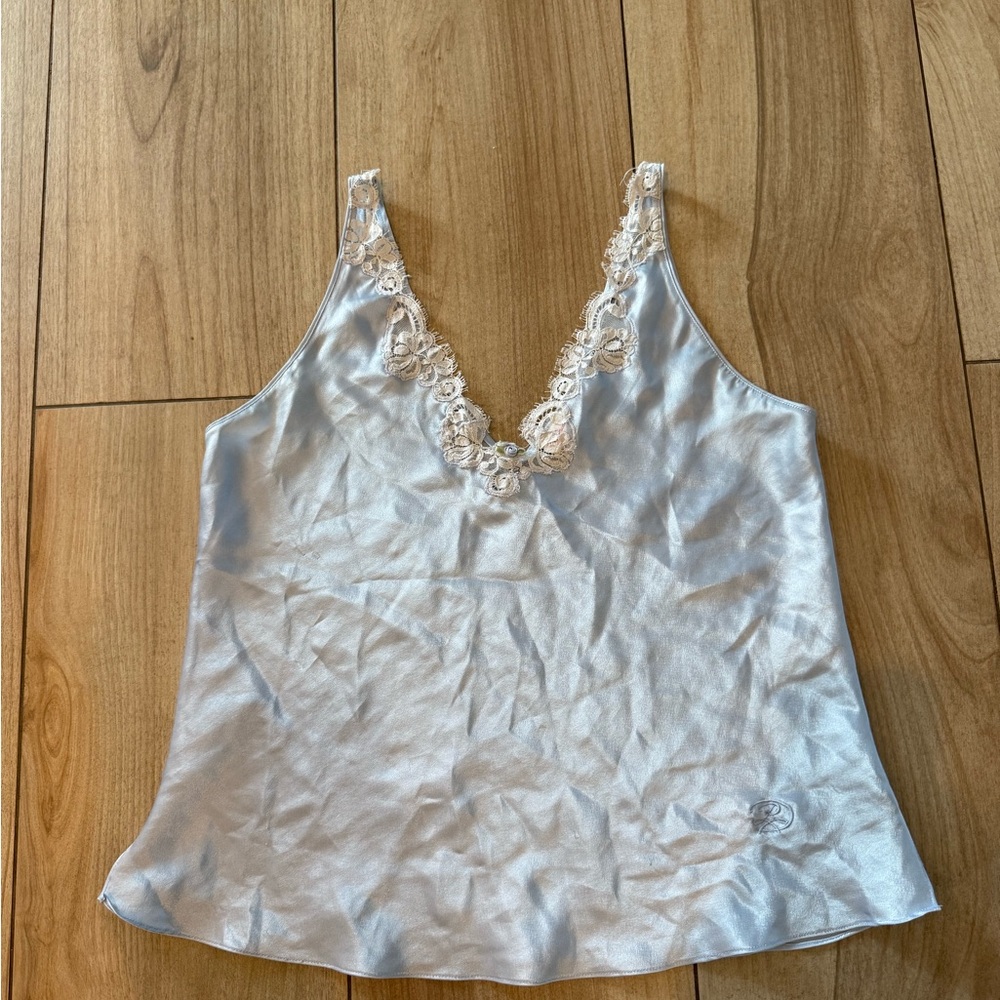 Oscar de La Renta Baby Blue Lace Trim Satin Tank Top